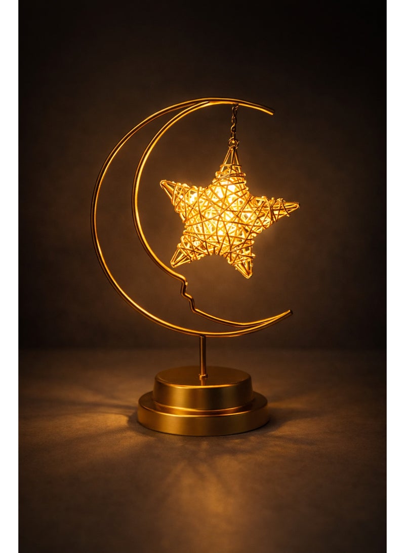 Home Care Golden Crescent Moon Table Lamp with Hanging Star Elegant Metal Decorative Night Light - Image 2